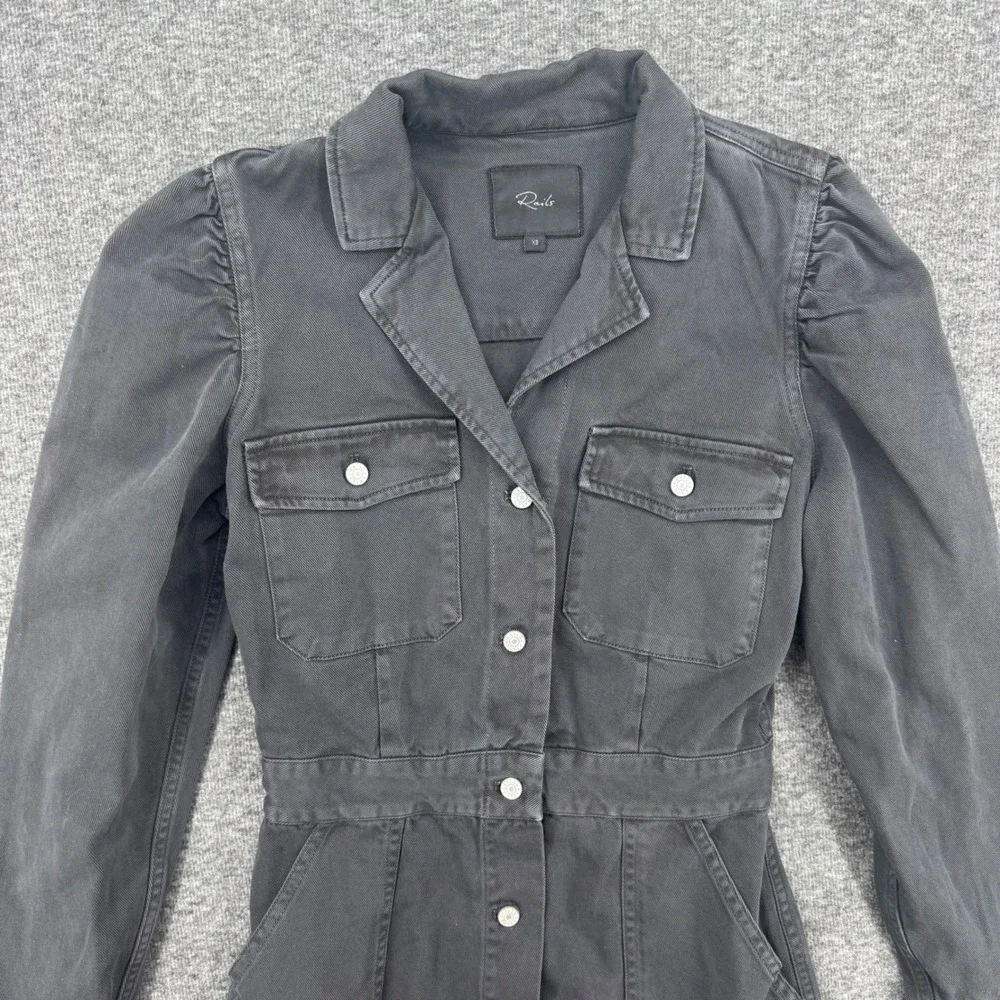 Rails‎ Lisette Carbon Black Button Down Puff Sleeve Mini Dress Denim Preppy  XS - Picture 3 of 8